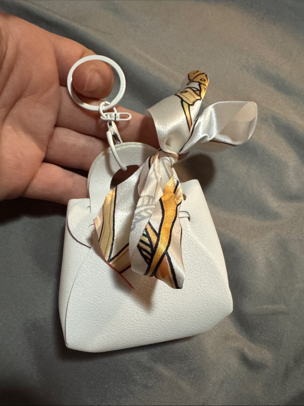 White Mini Purse Keychain with Gold-Accent Scarf